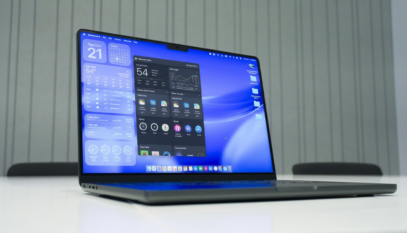 A professional shot of a laptop displaying a desktop interface with various widgets and icons, set against a blurred office background.