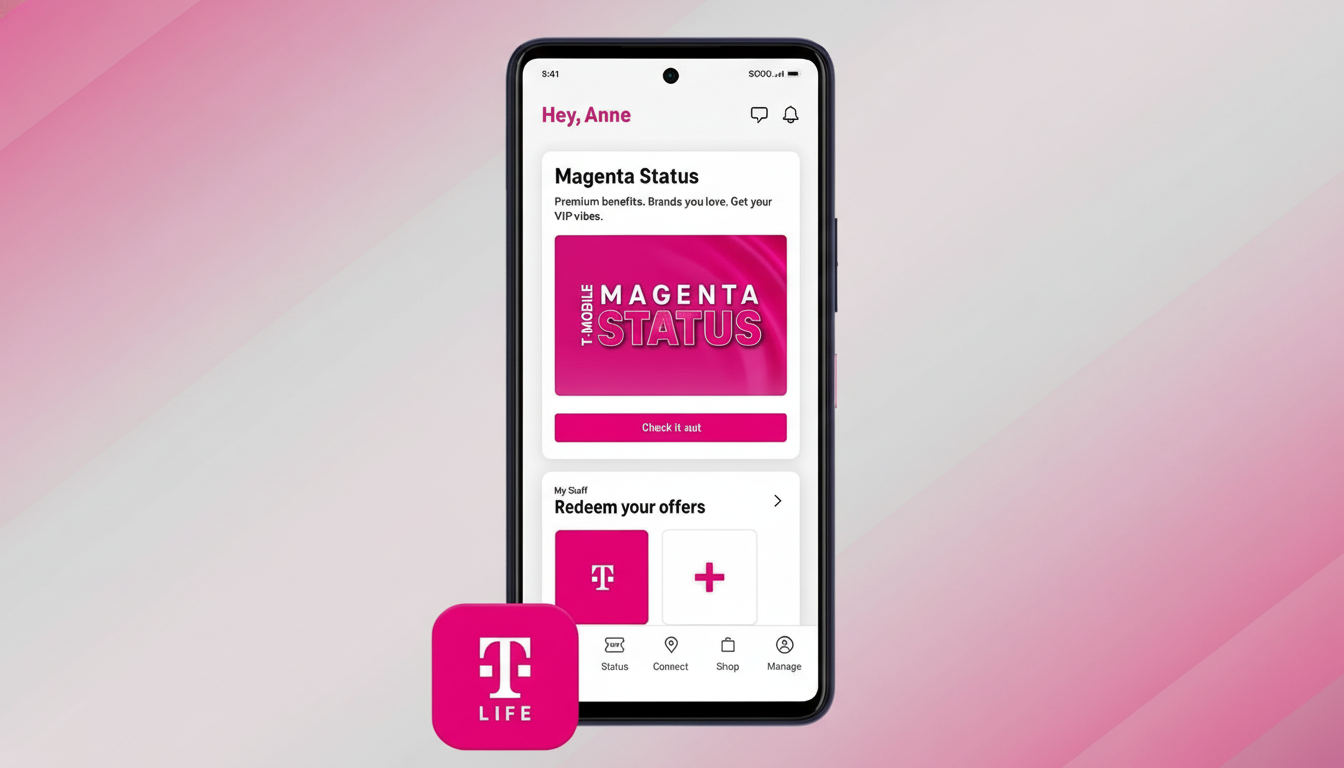 A smartphone displaying the T-Mobile app with Magenta Status and Redeem your offers sections, alongside a T-Mobile Life app icon, all set against a professional pink gradient background.