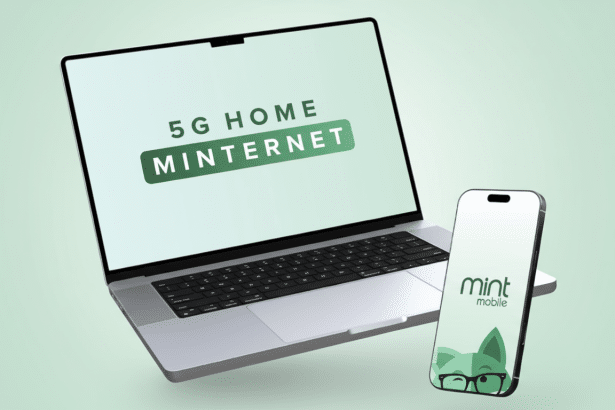A professional image featuring a silver laptop displaying 5G HOME MINTERNET on its screen and a white smartphone with the mint mobile logo and a fox graphic , both set against a soft green background with subtle concentric circles. Filename : mintmobile devices 16 9. png