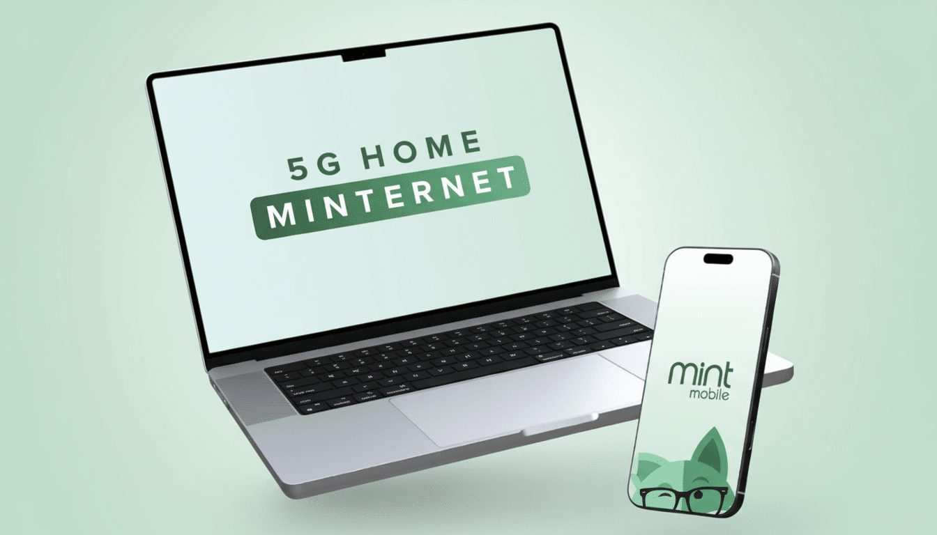 A professional image featuring a silver laptop displaying 5G HOME MINTERNET on its screen and a white smartphone with the mint mobile logo and a fox graphic , both set against a soft green background with subtle concentric circles. Filename : mintmobile devices 16 9. png