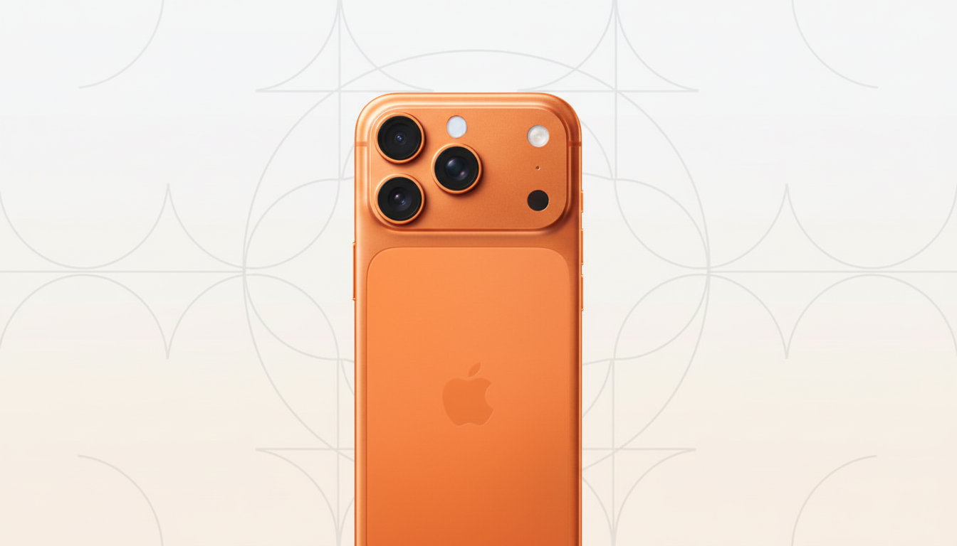 A close-up, professional shot of the back of an orange smartphone with three camera lenses and a flash, set against a subtle, light-patterned background.