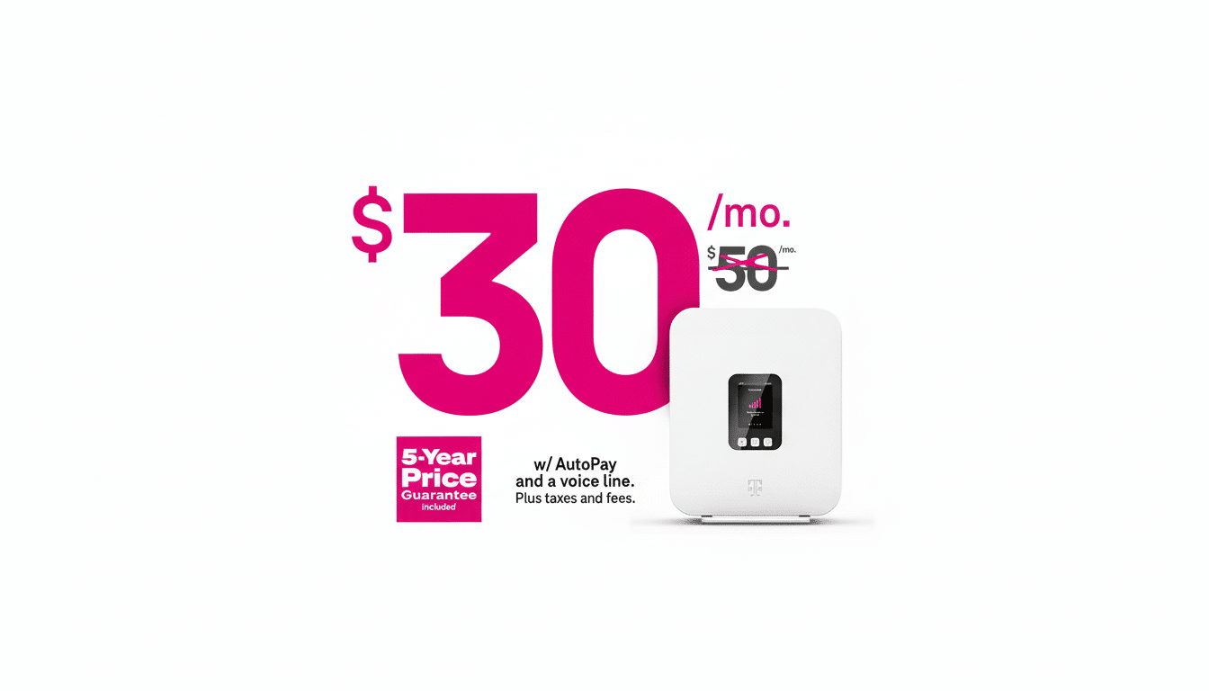 T -Mobile advertisement for a 5-year price guarantee at / month with AutoPay and a voice line, featuring a white rectangular internet device on a c