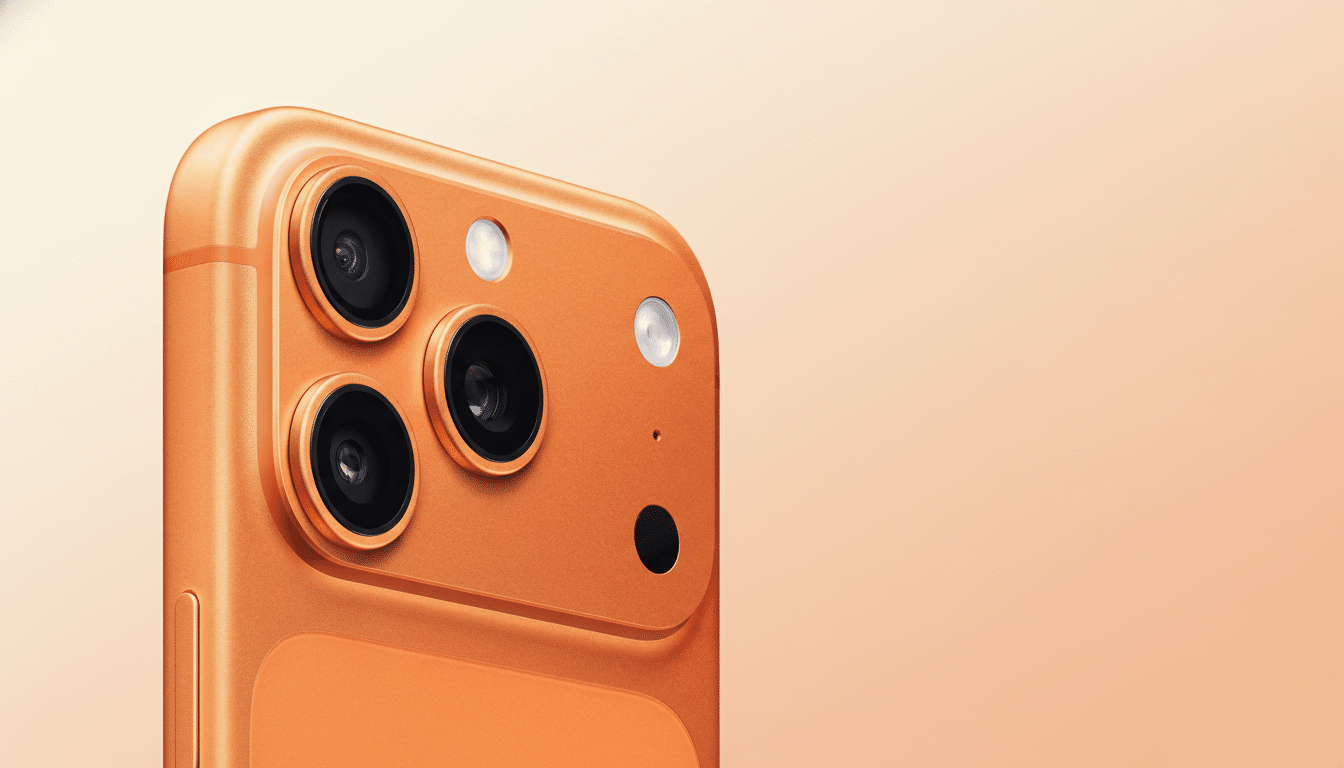 Close -up of an orange smartphone' s triple camera system and flash, presented on a subtle orange gradient background in a 16 :9 aspect ratio .