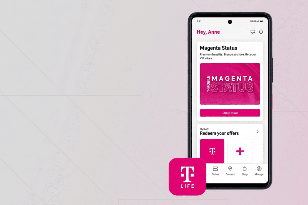 A T -Mobile app displaying Magenta Status and Redeem your offers on a phone, with the T -Life app icon in the foreground. The image has a professional flat design background with soft patterns.