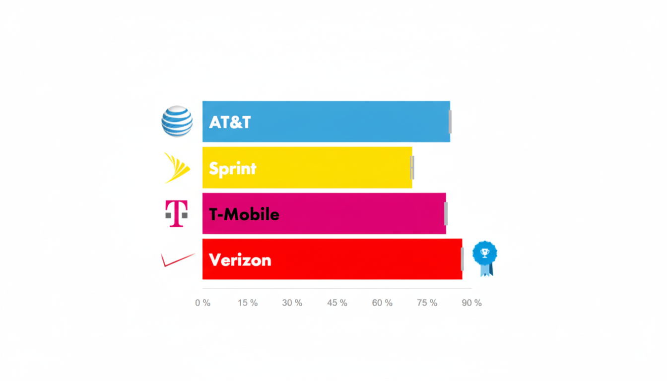 A bar chart comparing AT&T, Sprint, T-Mobile, and Verizon, with Verizon showing the highest percentage and a blue ribbon icon.