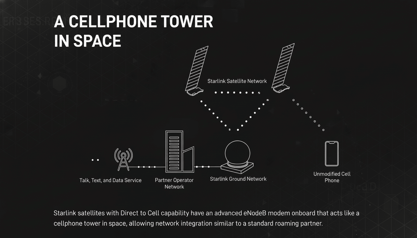 Diagram showing how Starlink satellites with Direct to Cell capability act as a cellphone tower in space, enabling talk, text, and data service to an