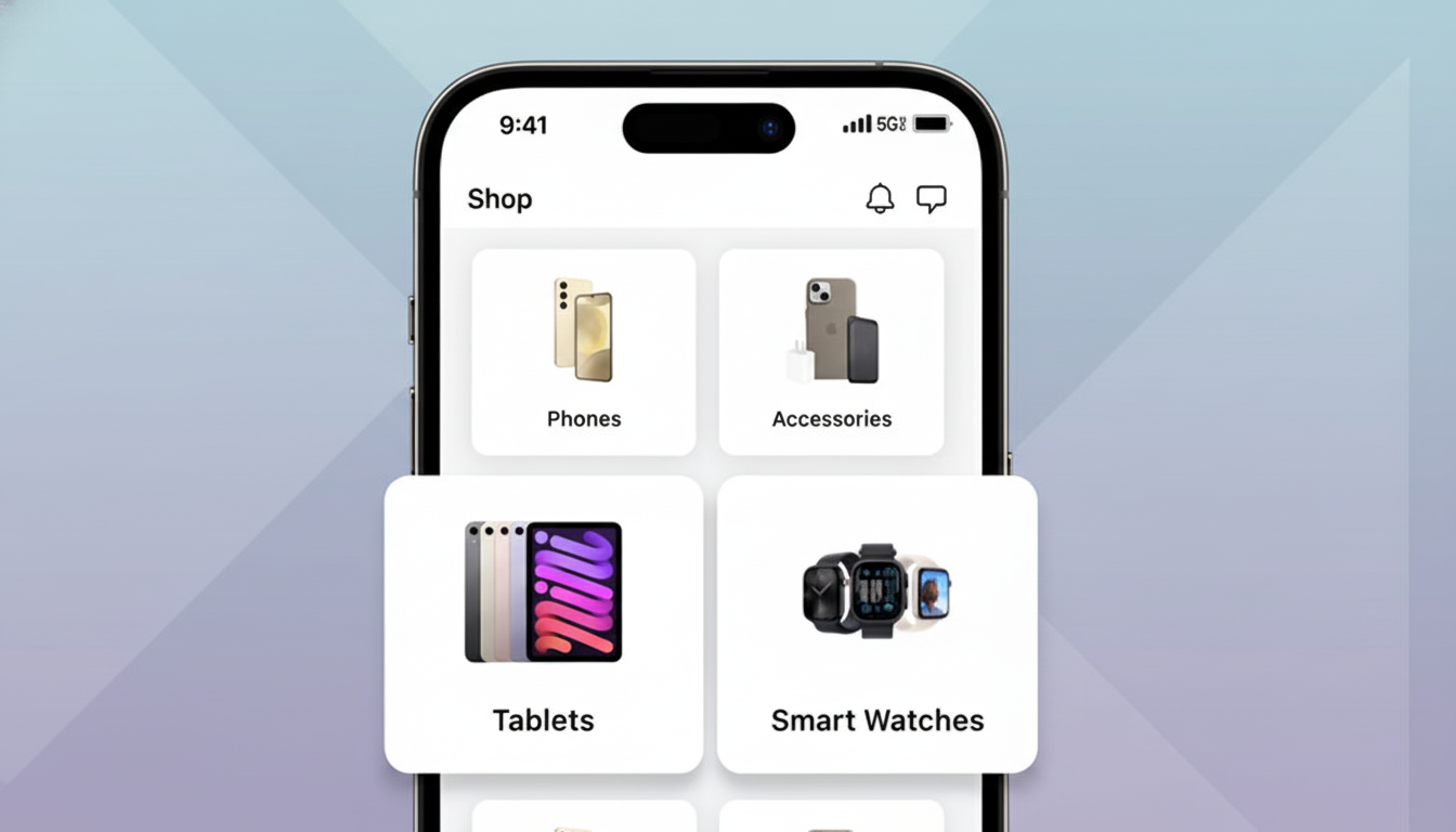 A smartphone displaying a shopping app interface with categories for Phones, Accessories, Tablets, and Smart Watches. The background has been updated to a professional flat design with soft patterns and gradients.