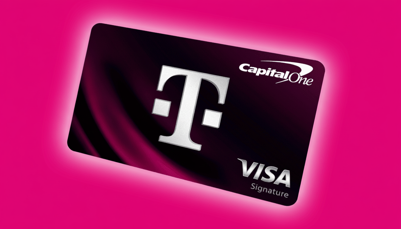 A T-Mobile Capital One Visa Signature credit card on a vibrant pink background, resized to a 16:9 aspect ratio.