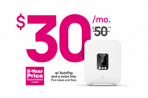T -Mobile advertisement showing a white internet device and text $ 30/mo . $ 50/mo . 5-Year Price Guarantee included w/ AutoPay and a voice line. Plus taxes and fees.