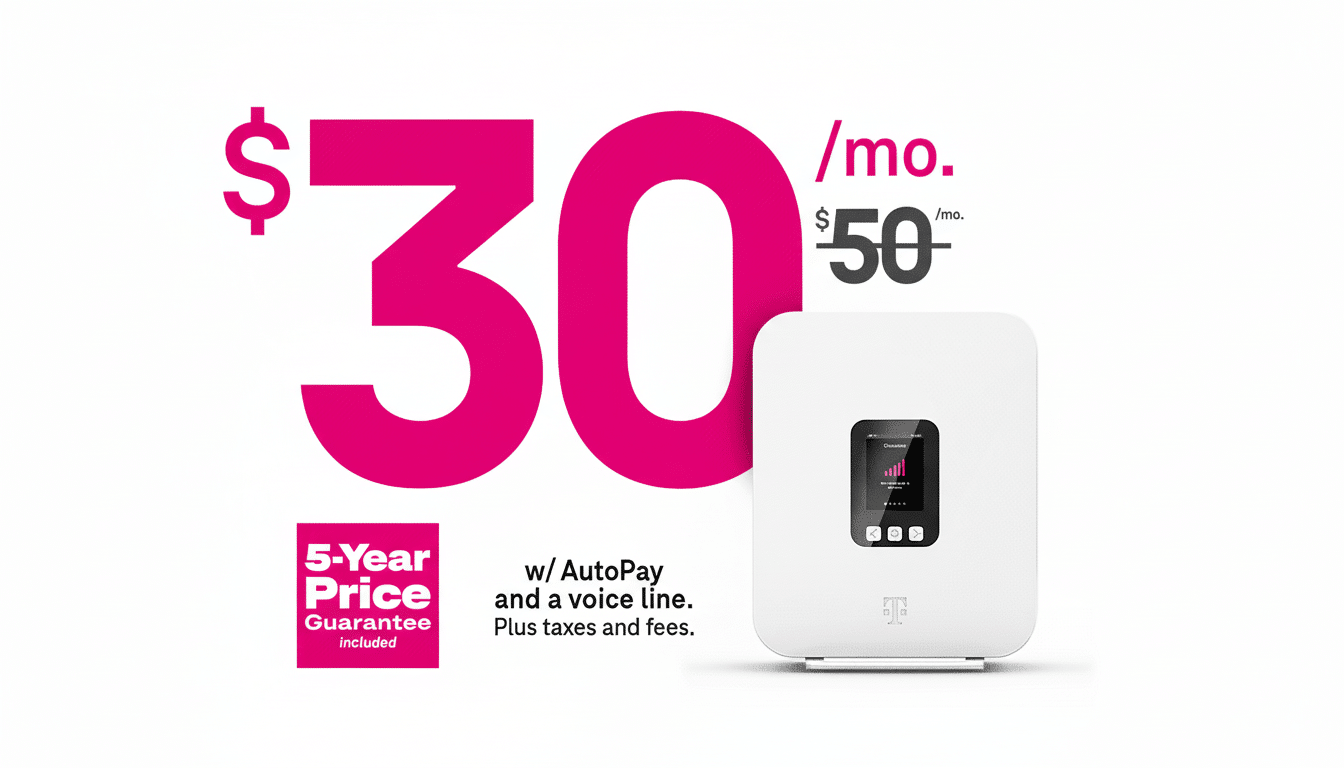 T -Mobile advertisement showing a white internet device and text $ 30/mo . $ 50/mo . 5-Year Price Guarantee included w/ AutoPay and a voice line. Plus taxes and fees.