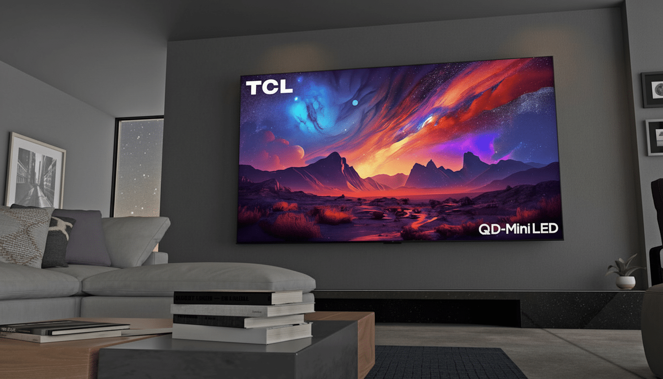 A modern living room features a TCL QD- Mini LED television mounted on a dark grey wall, displaying a vibrant cosmic landscape . A light grey sofa and a coffee table with stacked books are in the foreground.