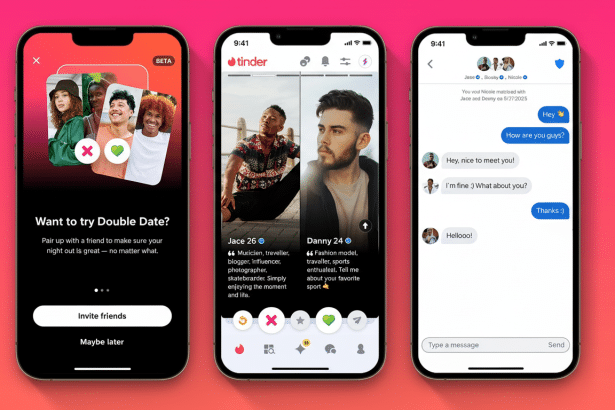 A professional display of three iPhones showcasing the Tinder app s interface, including a Double Date feature, user profiles, and a chat conversation