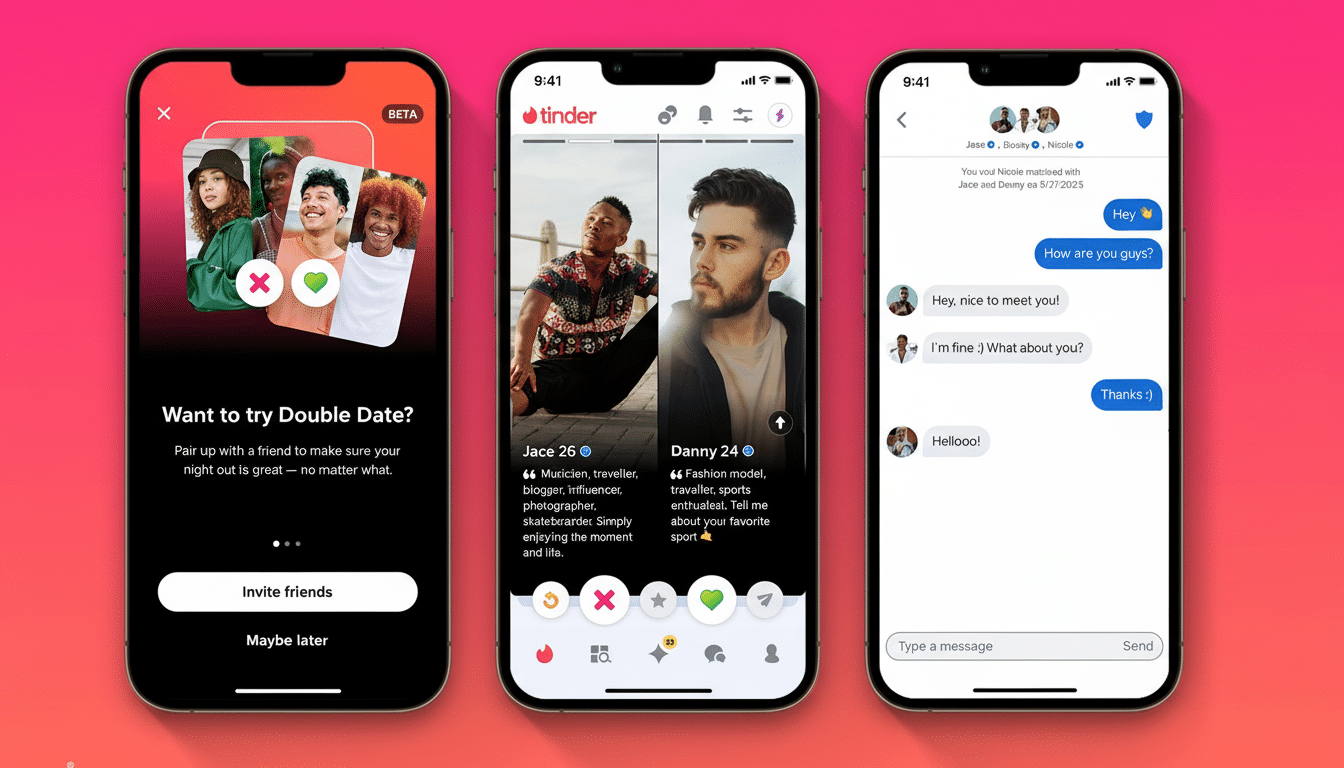 A professional display of three iPhones showcasing the Tinder app s interface, including a Double Date feature, user profiles, and a chat conversation