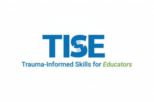 The T ISE logo in blue text, with the S represented by two interlocking hands, above the tagline Trauma- Informed Skills for Educators with Educators in green text , all on a white background.