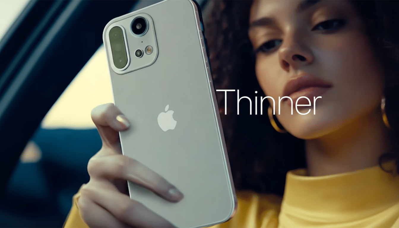 A woman in a yellow top holding up an iPhone-like smartphone with the word Thinner overlaid on the image.