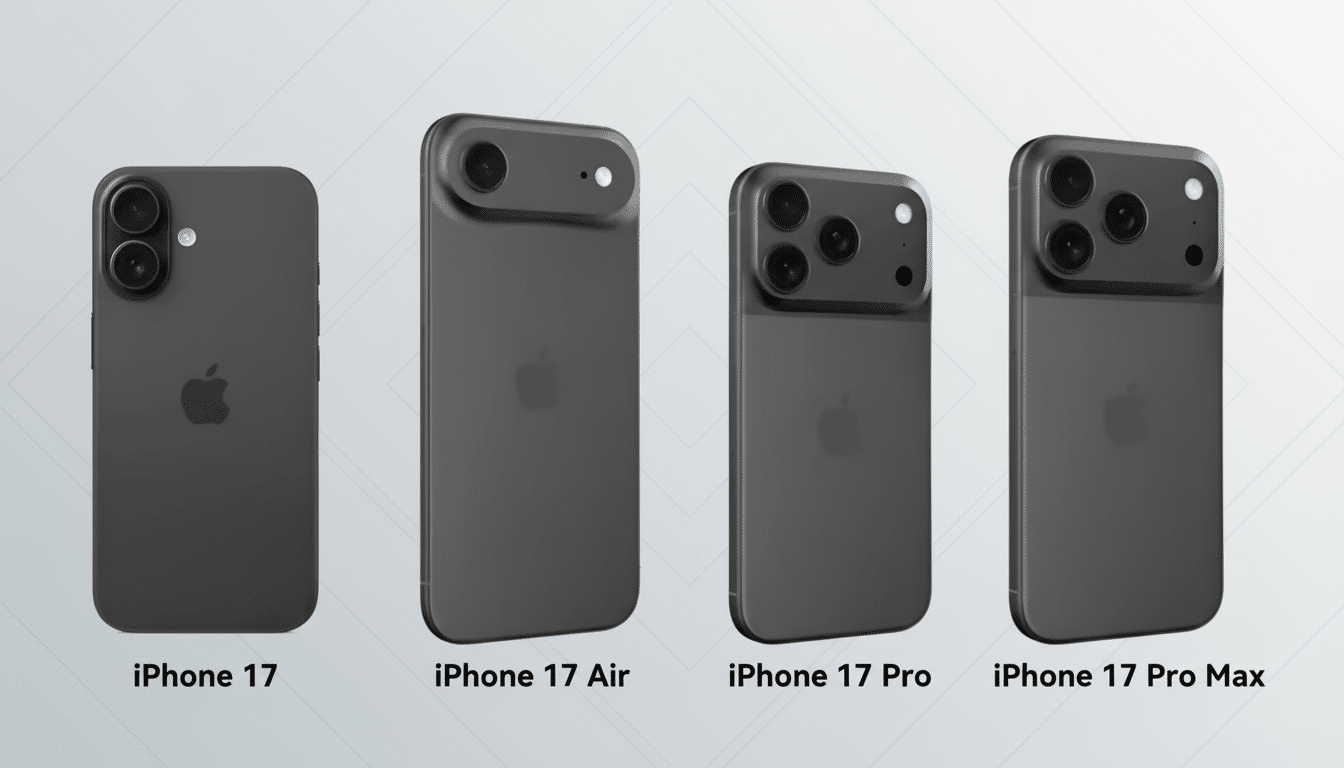 Four dark gray iPhones are shown from the back, labeled iPhone 17, iPhone 17 Air, iPhone 17 Pro, and iPhone 1 7 Pro Max. Each model displays a differe