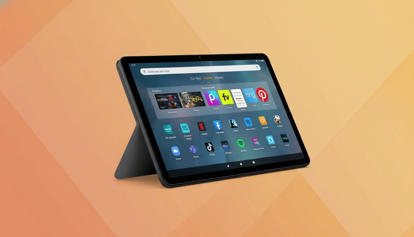 A professional shot of a tablet displaying various app icons on its screen, set against a subtle orange -yellow gradient background with geometric pat