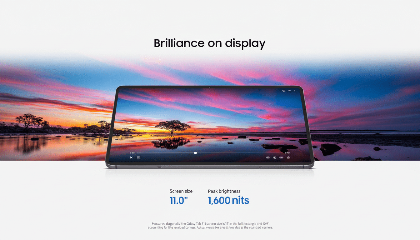 A professional image of a tablet displaying a vibrant sunset over a body of water with a lone tree. The text Brilliance on display is at the top, and below the tablet, Screen size 11 .0'' and Peak brightness 1,6 00 nits are visible .