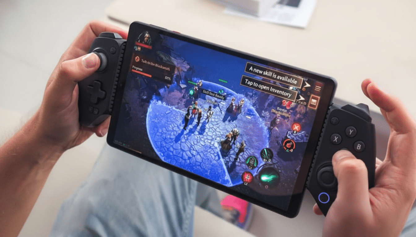 A person holding a tablet with a game controller attached to each side, playing a fantasy role-playing game .
