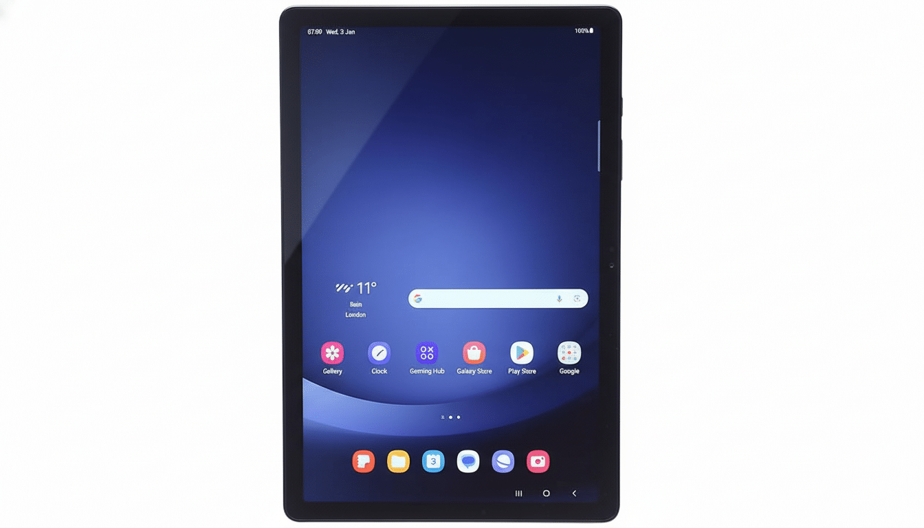 A modern tablet displaying its home screen with various app icons, weather information , and a search bar on a white background.