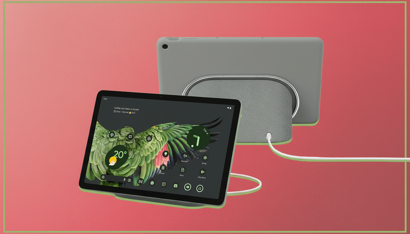 A grey tablet in a charging stand, showing a vibrant green and pink bird wallpaper and various app icons, with another grey tablet resting behind it, all on a coral -colored background.