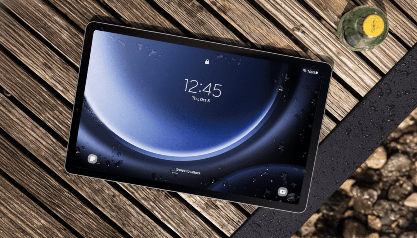 A modern tablet displaying a lock screen with the time 12 :45 and date Thursday, Oct 5, resting on a wet wooden deck next to a dark gray surface and a water bottle. Filename : tableton wet woodendeck .png