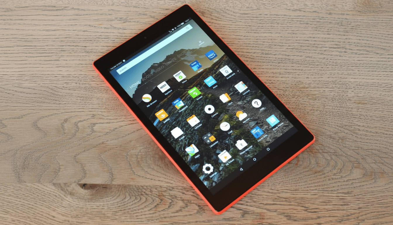 An orange and black tablet displaying a home screen with various app icons, resting on a light wooden surface.