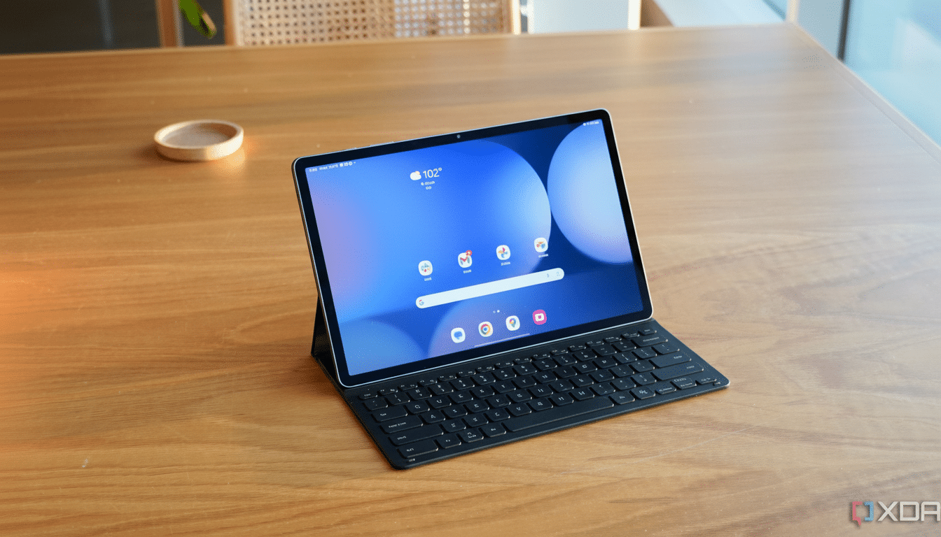 A modern tablet with a black keyboard case sitting on a wooden desk. The tablet screen displays a blue background with app icons and a weather widget.