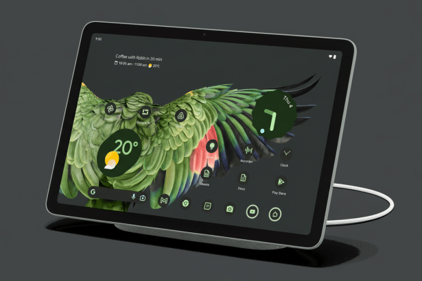 A modern tablet displaying a parrot ' s wings as a wallpaper, with various app icons and widgets on the home screen , set against a dark gray professional background. Filename : tabletparrot wallpaper .png