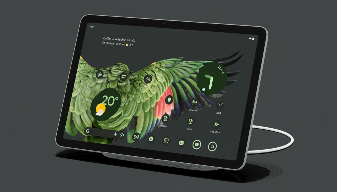 A modern tablet displaying a parrot ' s wings as a wallpaper, with various app icons and widgets on the home screen , set against a dark gray professional background. Filename : tabletparrot wallpaper .png