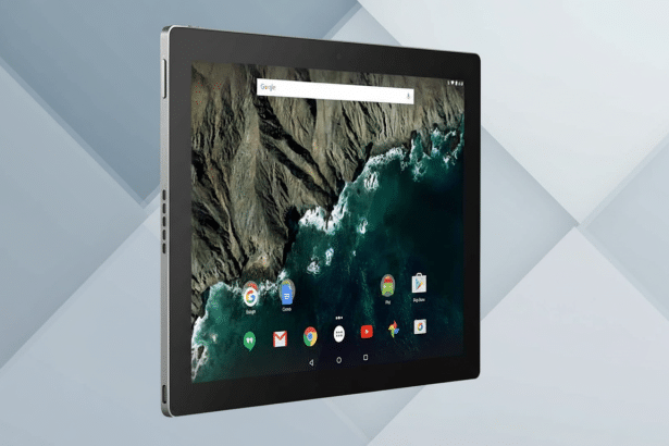 A modern tablet displaying a Google search page with various app icons, set against a professional flat design background with soft gray and blue geometric patterns. Filename : tabletprofessional display .png