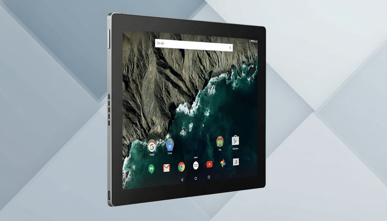 A modern tablet displaying a Google search page with various app icons, set against a professional flat design background with soft gray and blue geometric patterns. Filename : tabletprofessional display .png