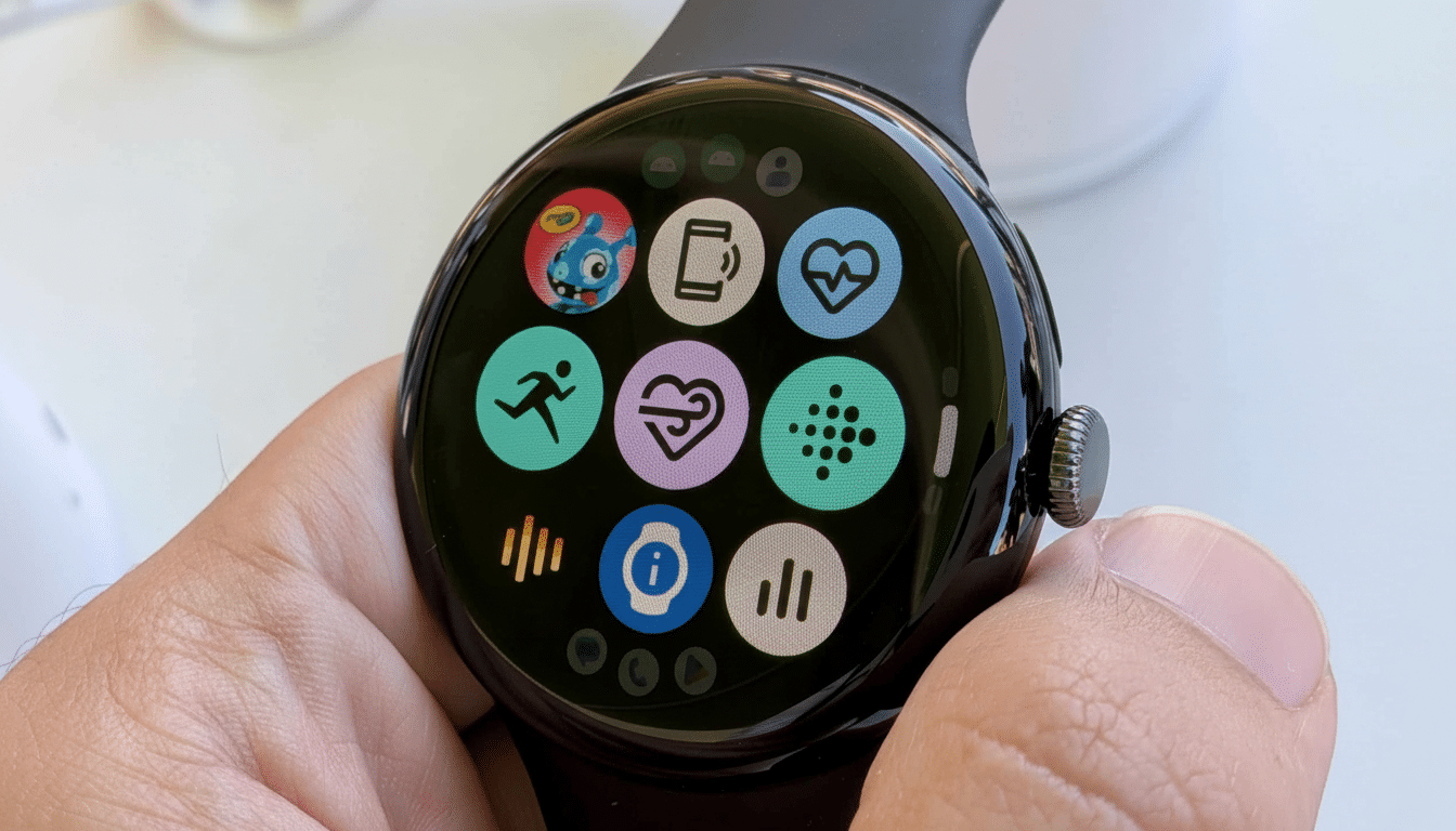 A close -up shot of a Google Pixel Watch being held, displaying various colorful app icons on its circular screen, including icons for fitness, heart rate, and notifications .