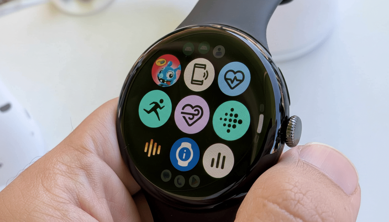 A close -up shot of a Google Pixel Watch displaying various app icons on its circular screen, held by a person 's hand.