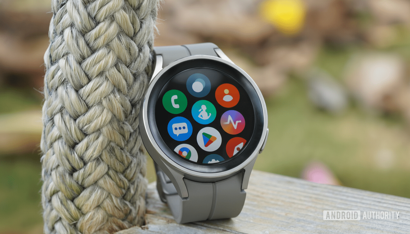 A grey smartwatch with a circular display showing various app icons , resting next to a thick braided rope. The background is a slightly blurred outdoor setting .