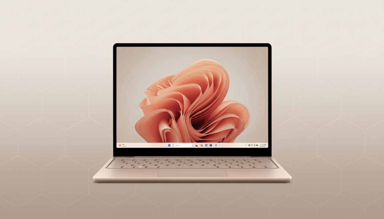 A professional shot of a tan laptop, with the screen displaying a soft, swirling pink and beige abstract pattern. The laptop is centered against a sub