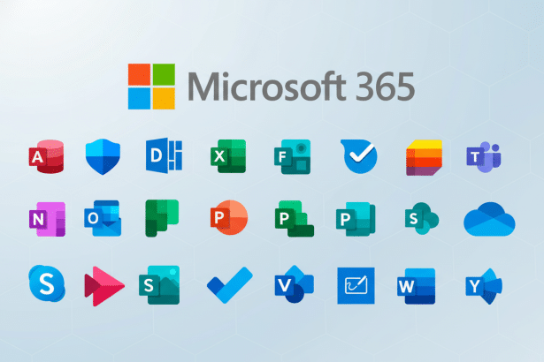 Microsoft 365 logo and a grid of various Microsoft application icons on a light blue background with a subtle geometric pattern. Filename : microsoft3 65icons . png