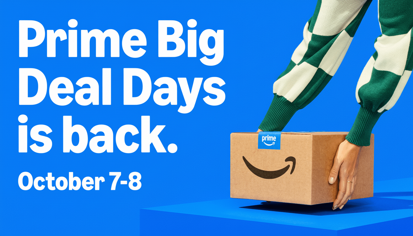 An image advertising Prime Big Deal Days is back. October 7- 8 with a persons hands holding an Amazon Prime box.