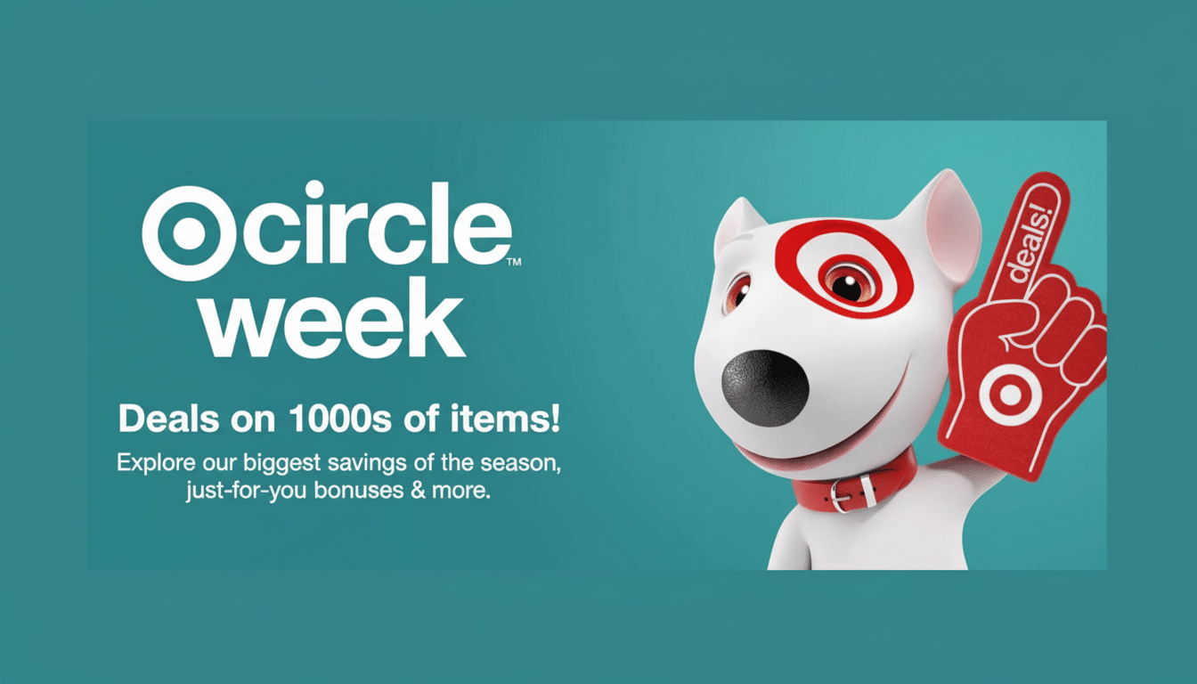An advertisement for Target's Ocircle Week, featuring the Target dog mascot wearing a red foam finger with deals! written on it. The background is teal, and text promotes Deals on 1000 s of items! and Explore our biggest savings of the season, just -for-you bonuses & more.