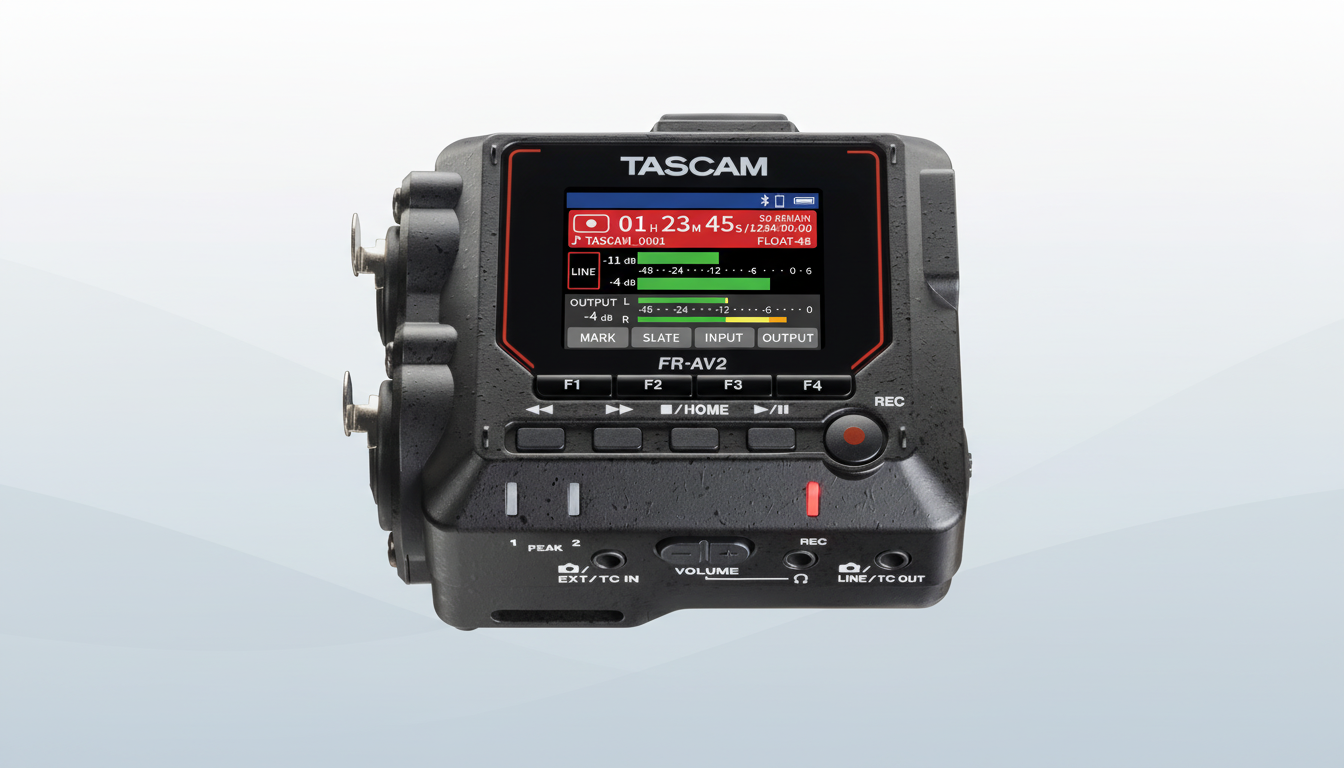 - AV 2 portable field recorder on a clean , professional flat grey background with subtle diagonal l