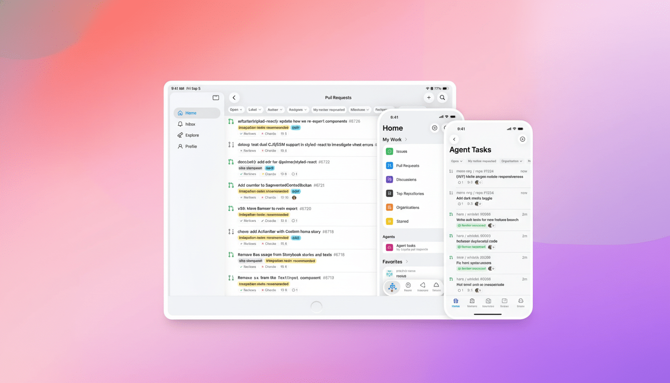 A professional display of a task management application interface shown on a tablet and a smartphone. The tablet view shows Pull Requests with a list