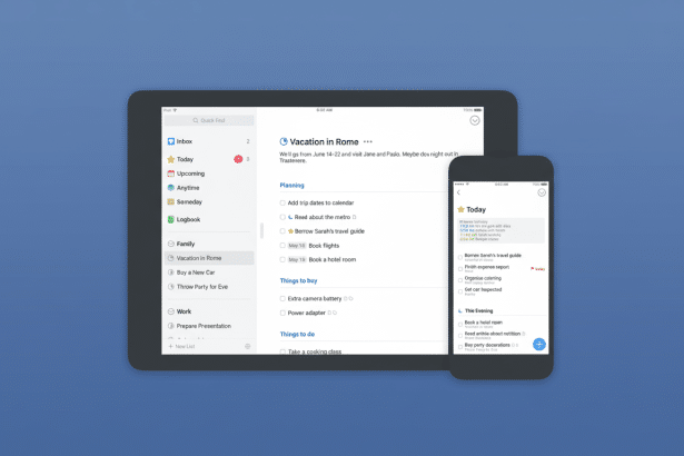 A tablet and a smartphone displaying a task management app, with the tablet showing a Vacation in Rome planning list and the smartphone showing today 's tasks. The background is a clean, professional flat design with a subtle gradient. Filename : task managementapp display .png