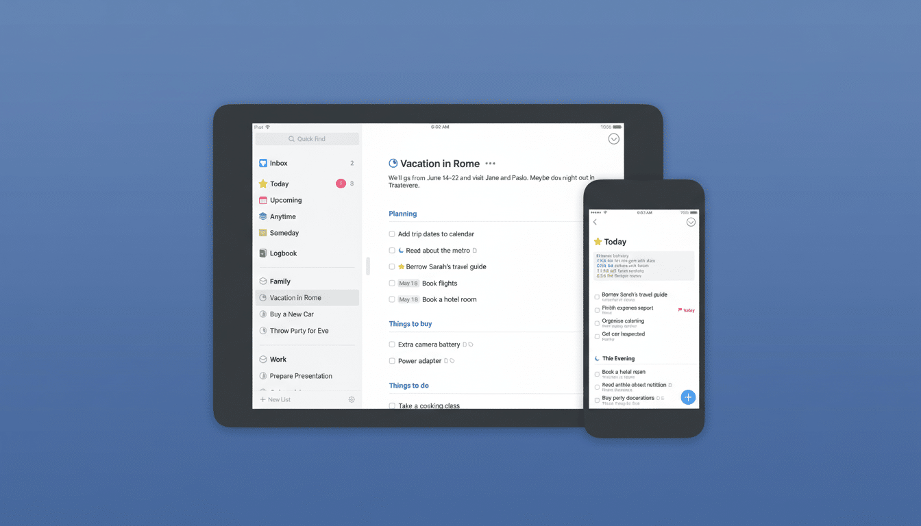 A tablet and a smartphone displaying a task management app, with the tablet showing a Vacation in Rome planning list and the smartphone showing today 's tasks. The background is a clean, professional flat design with a subtle gradient. Filename : task managementapp display .png