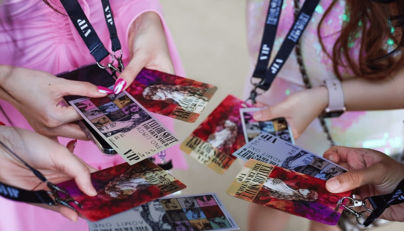 A group of people holding up various Taylor Swift The Eras Tour VIP tickets, attached to l anyards.