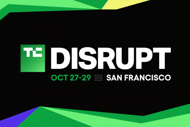 A professional banner for TC Disrupt in San Francisco, held from October 2 7-29 , featuring a black background with green and yellow geometric accents. Filename : tcdis ruptsan franciscobanner .png