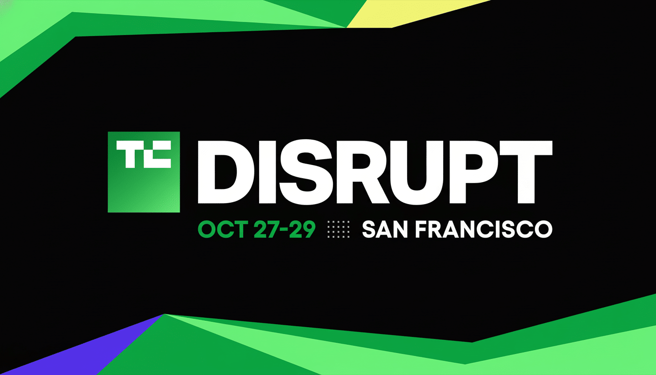 A professional banner for TC Disrupt in San Francisco, held from October 2 7-29 , featuring a black background with green and yellow geometric accents. Filename : tcdis ruptsan franciscobanner .png