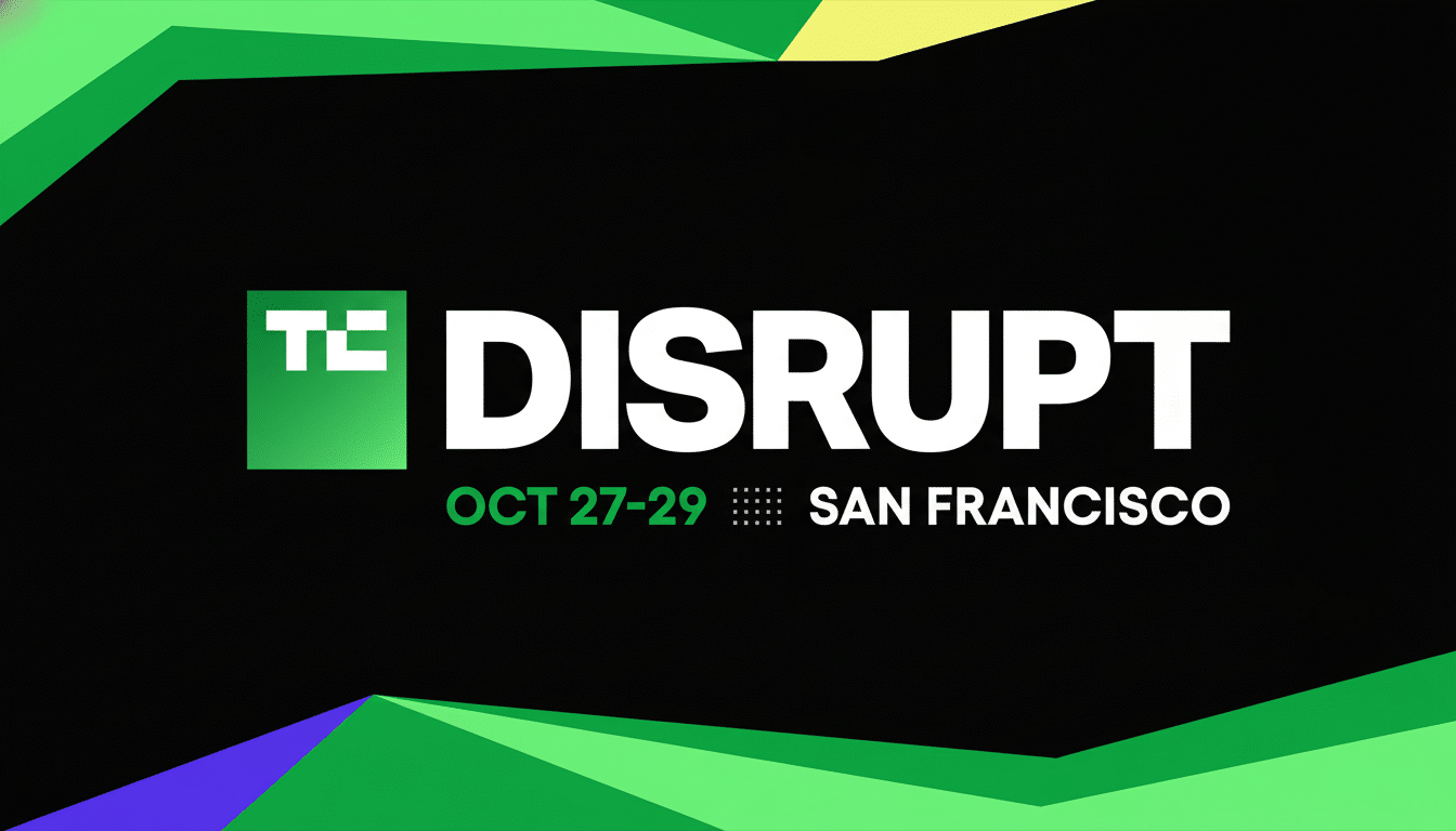 A banner for TC Disrupt event in San Francisco, October 27 -29, with a black background and green, yellow , and purple geometric shapes at the top and bottom edges .