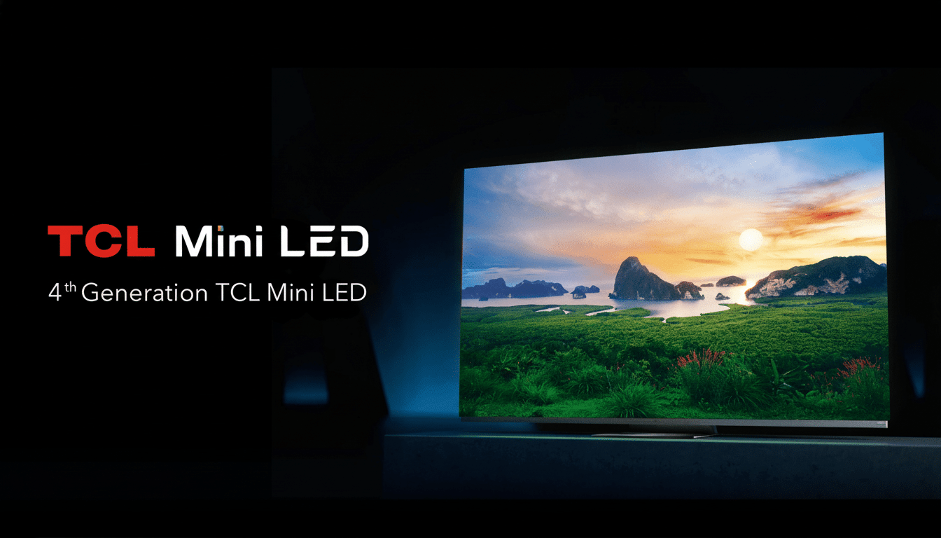 A TCL Mini LED television displaying a scenic landscape with a sunset over water and islands.