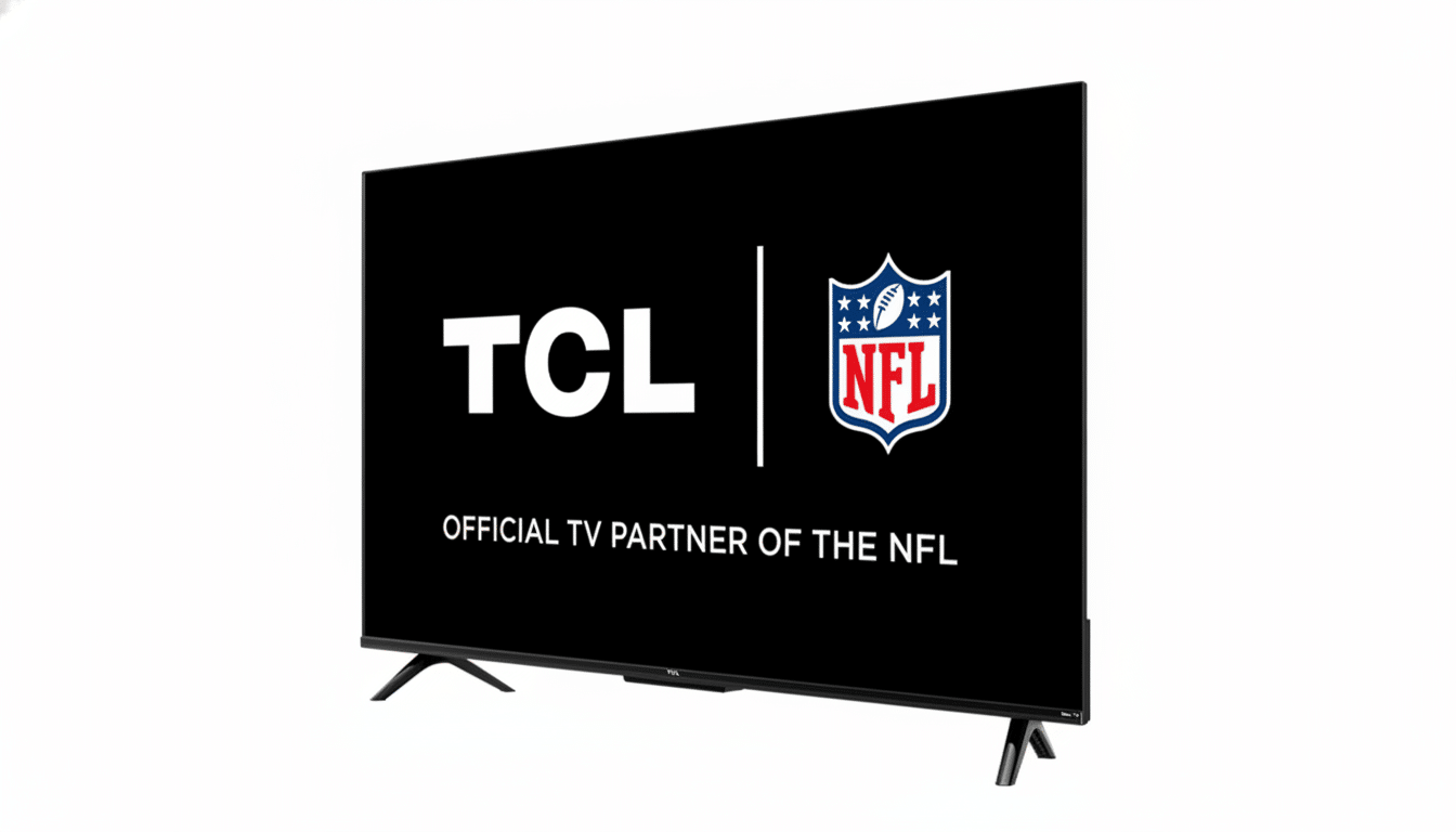 A TCL television displaying the TCL logo, the NFL logo, and the text  OFFICIAL TV PART NER OF THE NFL  on a black screen, set against a clean white background.