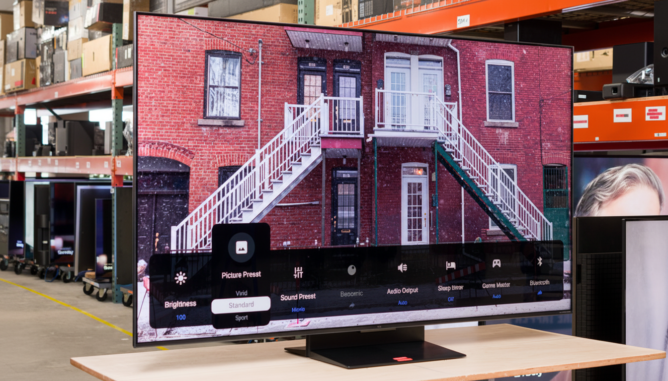 A large flat-screen television displaying a brick building with external staircases, with an on-screen menu overlay showing picture and sound settings.